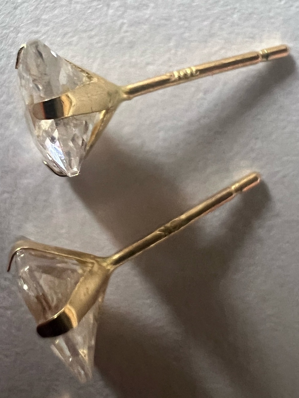 10K yellow gold pierced posts studs earrings square solitaire faux diamond